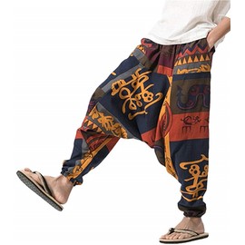 perdontoo Mens Casual Harem Pants Cotton Boho Yoga Hippie Aladdin Summer Beach Drop Crotch Trouser (36, Style 1)