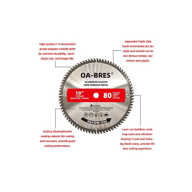 10 Inch 80T Aluminum Non-Ferrous Metal Saw Blade with 5/8-Inch