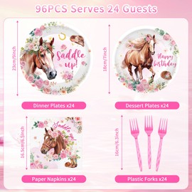 96 Pcs Horse Birthday Party Decorations Tableware Set for Girls, Horse Lover Party Supplies for 24 Guests, Includes Plates, Napkins, Forks