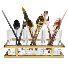 Godinger Flatware Gold Caddy Organizer Cutlery Holder Kitchen Countertop, Forks, Spoons, Knives Utensil Holder