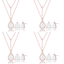 OTTFF Dainty Bridesmaid Teardrop Jewelry Set for Women 4 Sets Rose Gold Plated Pave Rhinestone With Crystal Necklace Earrings Set for Wedding Engagement Anniversary
