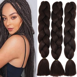 24 Inch Braids Extensions, Jumbo Braids, Synthetic Hair, 3 Bundles, Kanekalon Synthetic Crochet Hair, Braiding Hair, Afro Box Braiding (Medium Brown)