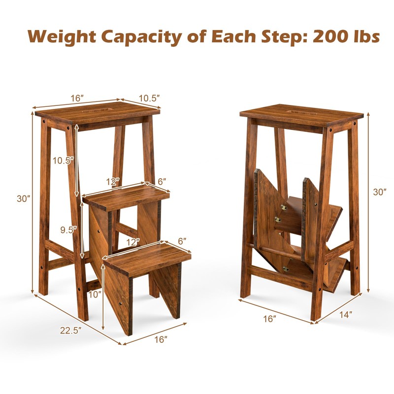 DORTALA 3 Tier Folding Step Stool, Rubber Wood Multifunctional Ladder