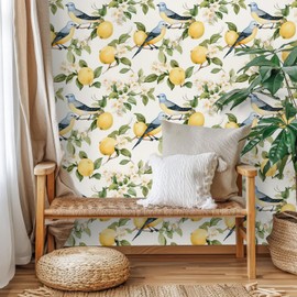 VEELIKE Floral Bird Peel and Stick Wallpaper Vintage Lemon Fruit Wallpaper for Kitchen Bedroom Powder Room 17.7''x354'' Removable Bird Wallpaper Prepasted Chinoiserie Wallpaper for Living Room Renters