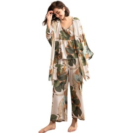 WDIRARA Women's 3 pcs Sleepwear Leaf Print Cami and Pants Pajama Set with Robe Multicolor L