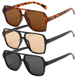 DAVBNM 3 Pack Retro Pilot Sunglasses for Men Women Vintage 70s Oversized Square Sunglasses Classic Style Double Bridge Glasses Sun Glasses Shades Protection Driving