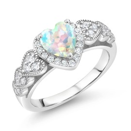 Gem Stone King 925 Sterling Silver Heart Shape Simulated Opal and White Moissanite Ring For Women (0.93 Cttw, Available In Size 5, 6, 7, 8, 9)