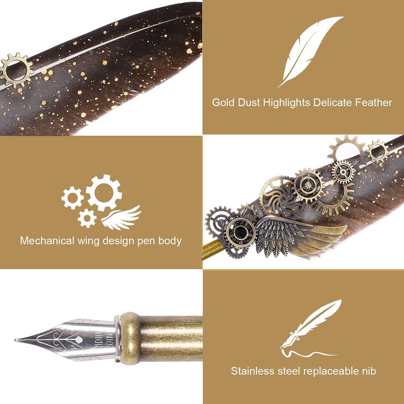 NC Feather Quill Pen Set - Includes 5 Ink Bottles,