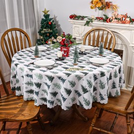 Christmas Tablecloth 70 x 70 Inch Round, Christmas Tree Decorations Round Tablecloths Christmas Table Cloth Seasonal Winter Holiday Scallop Edge Table Cover Party Table Decorations