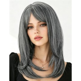 18 Inch Gray Wigs for Women 2x3.5 Realistic Scalp Highlight Grey Layered Synthetic Wig with Bangs Glueless Lightweight Salt and Pepper Wigs for Older Women Daily Use