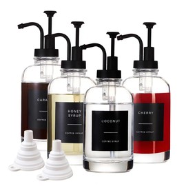 Mzowgzk Coffee Syrup Dispensers for Coffee Bar(Set of 4),Coffee Syrup Pump Dispenser for Coffee Bar Accessories,16.9 oz Glass Syrup Dispenser with 36 Labels,Coffee Syrup Bottles with Matte Black Pump