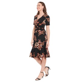 London Times Women's Dresses Women's Floral Print V-Neck Midi Dress - Short Sleeve Ruched Waist Cocktail Party Formal Wear - Wedding Guest Dresses, Black/Rust, 12