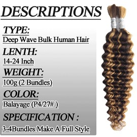 Human Braiding Hair 100g/2 Bundles 14 Inch Deep Wave Bulk Human Hair Fro Braiding 12A No Weft Human Braiding Hair Extensions For Boho Braids Balayage Wet And Wavy Bulk Hair(100g,14inch,P4/27#）