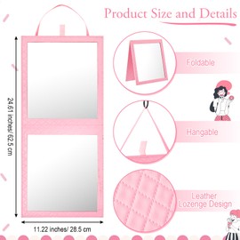 Foldable Backstage Mirror with Handle 24.61x 11.22 Inch Leather Folding Hanging Mirror Rectangular for Travel Dance Bag Home Fitness Spa Gift for Dancers(Pink)