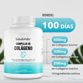 Triple colgeno (Marino, Porcino y Bovino) De Tipo 1, 2 Y 3  cido Hialurnico y Biotina - Con vitamina C, D3 Y E - 200 Cpsulas - SV - Sin Gluten y Sin  