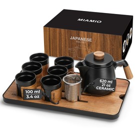 MIAMIO - Japanese/Chinese Tea Set 6 x 3.4 oz/Asian Tea Pot 21 oz with Tea Infuser, Traditional Japanese Tea Cups Set for Tea Lovers/Men/Women (Black)