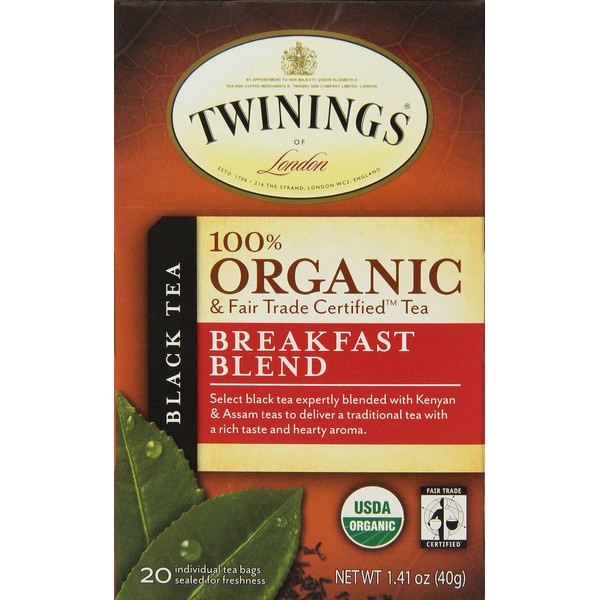 Twinings of London Organic and Fair Trade Certified Breakfast Blend Tea Bags, 20 Count (Pack of 6)