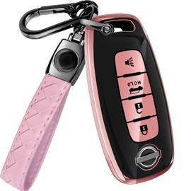 Lucrum Compatible con Funda para Llave de Nissan y Llavero de Cuero, Estuche para de 4 Botones para Pathfinder Rogue Sentra Versa Patrol Armada (2023-2025) - Rosa y Negro