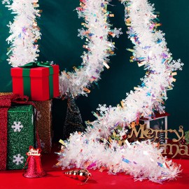 19.7 Feet Christmas Tinsel Garland Artificial Christmas Garland Xmas Metallic Twist Hanging Garland Fireplace Mantel Wreath Decor for Staircase Railing Indoor Outdoor Ornaments (Snowflake Style)