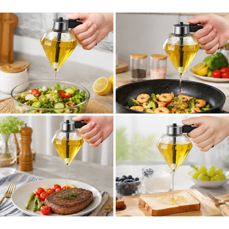 Diamond Glass Honey Dispenser with Bottom Pour Trigger, Elegant Oil