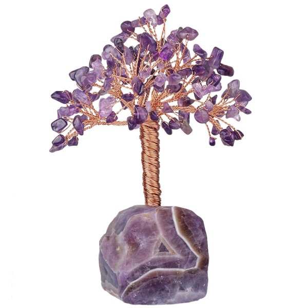 SUNYIK Handmade Healing Crystal Money Tree with Natural Amethyst Quartz Base, Chip Stone Bonsai Sculpture Figurine Decoration Fengshui Wealth and Luck, Amethyst Tree, 5"-6" Tall
