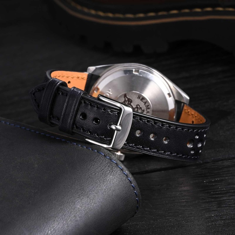 [Anbeer] レザー 時計バンド 20mm ラリースタイル ウォッチバンド 取付工具あり ブラック