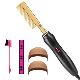 Professional Portable Electric Ceramic Hot Comb Hair Straightener Edge Control Brush Wig Bands Wig Caps Hot Comb Set for Wigscolor: Hot Comb Set-Brown