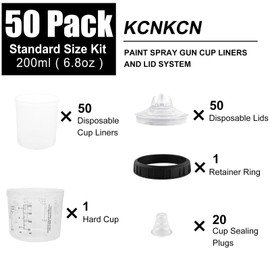 KCNKCN PPS Disposable Paint Spray Gun Cup Liners & Lid System, 50 Standard 6.76 Ounce (200ml) Kit - 125 Mic- 50 Cup Liners, 50 Lids with Strainer, 1 Hard Cup with Retainer Ring 20 Plugs