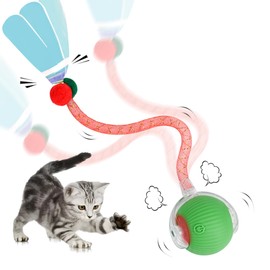 Interactive Cat Toy Ball for Indoor Cats, 2025 New Fast Self Rolling Ball Cat Toy on Carpet, Smart Interactive Automatic Cat Toy Ball for Gifts, Moving Cat Toy with Elastic Mesh Tail(Green)