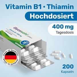 Glycowohl® protect Vitamin B1 400 mg – hochdosiertes Thiamin – vegane Kapseln, 100 Tage Vorrat, Apothekenqualität, ohne Magnesiumstearat & Farbstoffe - 200 Kapseln