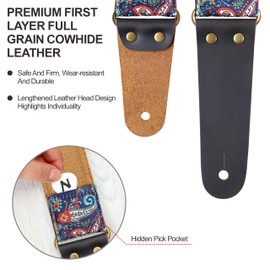Nefelibata Guitar Strap, Cotton Print Guitar Straps with Head Cowhide Leather Ends for Bass, Electric & Acoustic Guitars, Free Strap Button, 1 Pair Strap Locks and 4 Guitar Picks