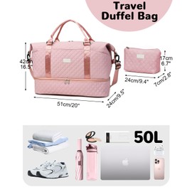 Outplea 50L Travel Duffel Bag Women, Weekend Overnight Holdall Bag with Toiletry Pouch, Maternity Hospital Bags, Pink