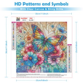 QENSPE 5D Diamond Painting Colorful Butterfly Diamond Art Kits for Adults, Round Full Drill Flowers Diamond Painting Kit for Beginner, DIY Gems Art Craft for Home Wall Decor 12x12 inch