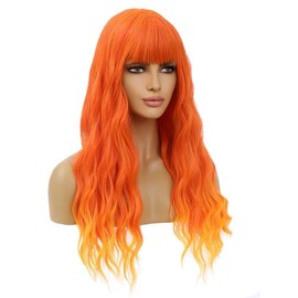 BERON 26 Inches Orange Wig Long Curly Flame Color Wig with Bangs for Women Daily Party Hairnet Include