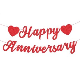 Cartel de felicitación de aniversario con purpurina roja – Cartel de cartón preencordado con guirnalda de corazón para parejas, bodas, aniversarios, fiestas de amor, y decoraciones románticas