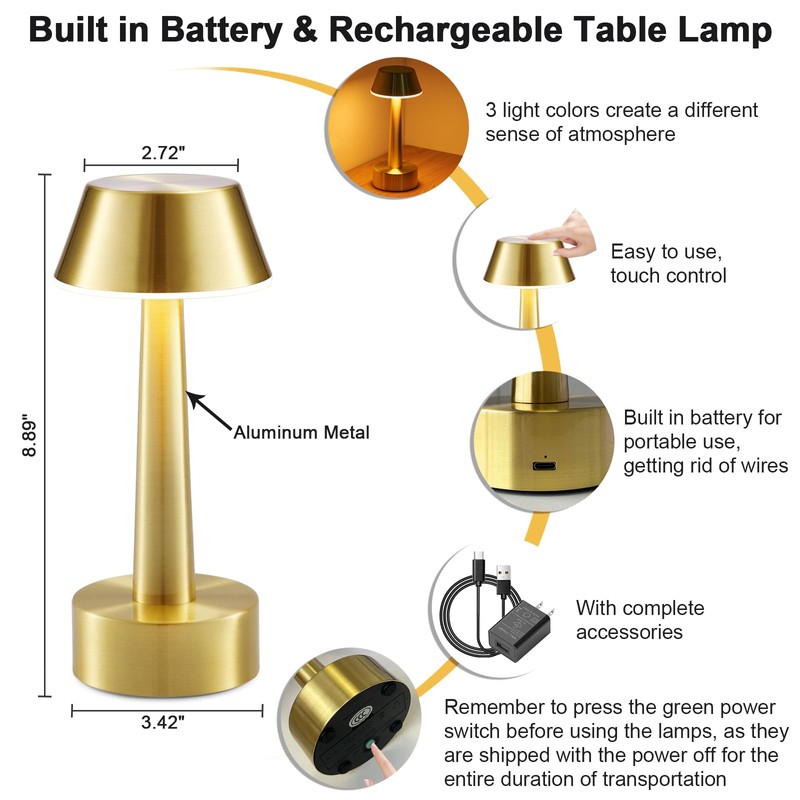 2 Pack Small Cordless Table Lamp, Battery Operated Gold Lamp