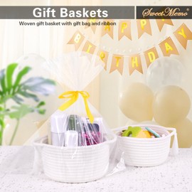 Empty Gift Basket – SweetMemo Mini Woven Rope Organizer Baskets for Gifting, Baby Shower, Desk, Makeup Brushes, Bathroom, Shelves – Small Decorative Storage Bin with Gift Bag & Ribbon – White