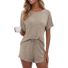 CUPSHE Womens Lounge Set Short Sleeve Pjs Round Neck Sleepwear 2 Piece Outfits Khaki, L