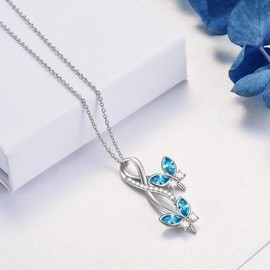 AOBOCO Sterling Silver Infinity Butterfly Pendant Necklace for Women, Simulated Aquamarine Birthstone Crystal from Austria, Anniversary Birthday Jewelry Gifts for Butterfly Lovers(light blue)