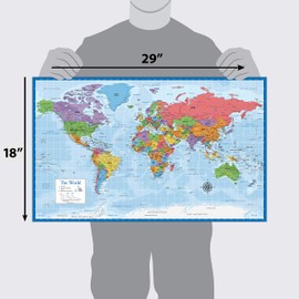 Laminated World Map Poster - Wall Chart Map of Earth - 18" x 29" (Blue)