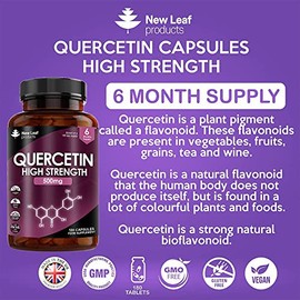 NEW LEAF PRODUCTS Quercetin 500mg High Strength Antioxidant Supplements (6 Months Supply) 180 Vegan Pure Quercetin Capsules Easy to Swallow - One A Day - Gluten Free & Non-GMO, Made in UK by New Leaf