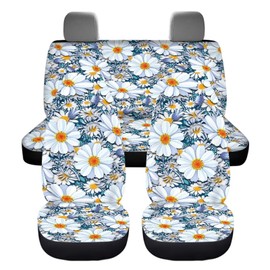 ZIATUBLES Retro Daisy Flower Print Car Seat Covers Full Set Front and Rear Seat Cover 4 Pack Breathable High Back Stretchy Bucket Seat Covers Universal Fit Car Sedan SUVs