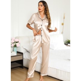Lovasy Satin Pyjamas Women's Long Short Sleeve Pyjamas Set with Buttons V-Neck Pjs Sets Leisure Suit Women's Two Piece, champagne