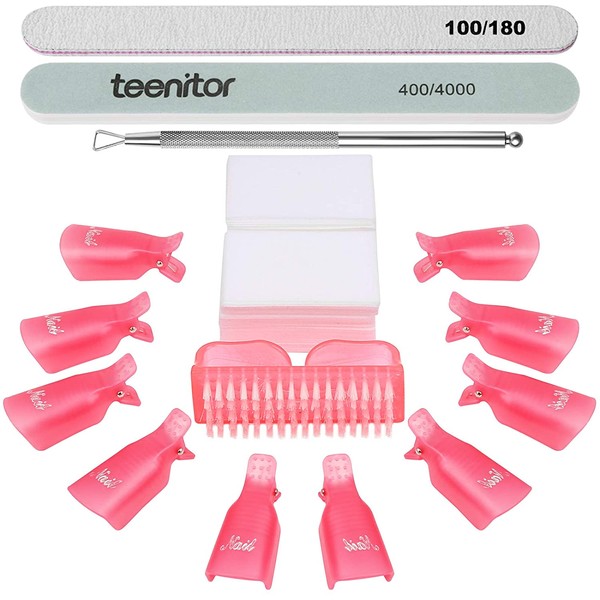 Teenitor Nail Gel Remover Tools Kit with Pink Polish Remover Clips, Cuticle Peeler Scraper, Gel Nail Brush, 115 Pack Nail Wipe Cotton Pads, Nail File Grits 120/180 Buffer Block Grits 400/4000
