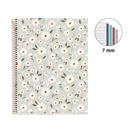 Miquelrius - Notebook A4 (210 x 297 mm), Ruled Landscape 7 mm, 120 Sheets 70 g/m², Green Card Cover, 4 Coloured Stripes, Copper Spiral, Spring Flowers Collection