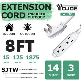 YOJOE 3-Outlets Flat Plug Indoor Extension Cord Outlet Extender, 3 Prong 8 ft 15A Power Strip, 14 Gauge Heavy Duty White Extension Cord, 14/3 SJTW, UL Listed