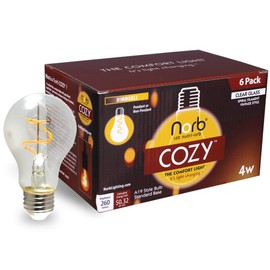 Norb NorbCOZY A19 Vintage-Style LED Bulb - 4W Clear Glass, Candlelight Spectrum with Firelight Hue, for Cozy Mood and Relaxation, Dimmable, Decorative, E26 Base, Warm Wellness Light (6-Pack)