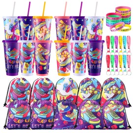 Tellingyou 48 Pcs Roller Skate Party Favors Includes Skate Backpack, 24 oz Reusable Tumblers with Lids and Straws, Silicone Wristbands, Keychains for Roll Theme Birthday Roller Skating Party Supplies