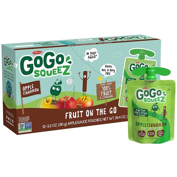 GoGo squeeZ Applesauce, Apple Cinnamon, 3.2 Ounce (12 Pouches), Gluten Free, Vegan Friendly, Unsweetened Applesauce, Recloseable, BPA Free Pouches