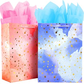 BLESZSING Gift Bag Birthday Large Gift Bags Set Included 2 Pack Paper Gift Bags with Tissue Paper Colorful Pink Blue Gift Bags 125 Large Size Blue Pink and Star Large (Pack of 2)